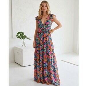 Aqua Bloomingdales Womens Small Floral V Neck Tie Back Tiered Ruffle Maxi Dress